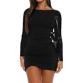 Women's Fall Winter Long Sleeve Boat Neck Mini Dre Black - front view