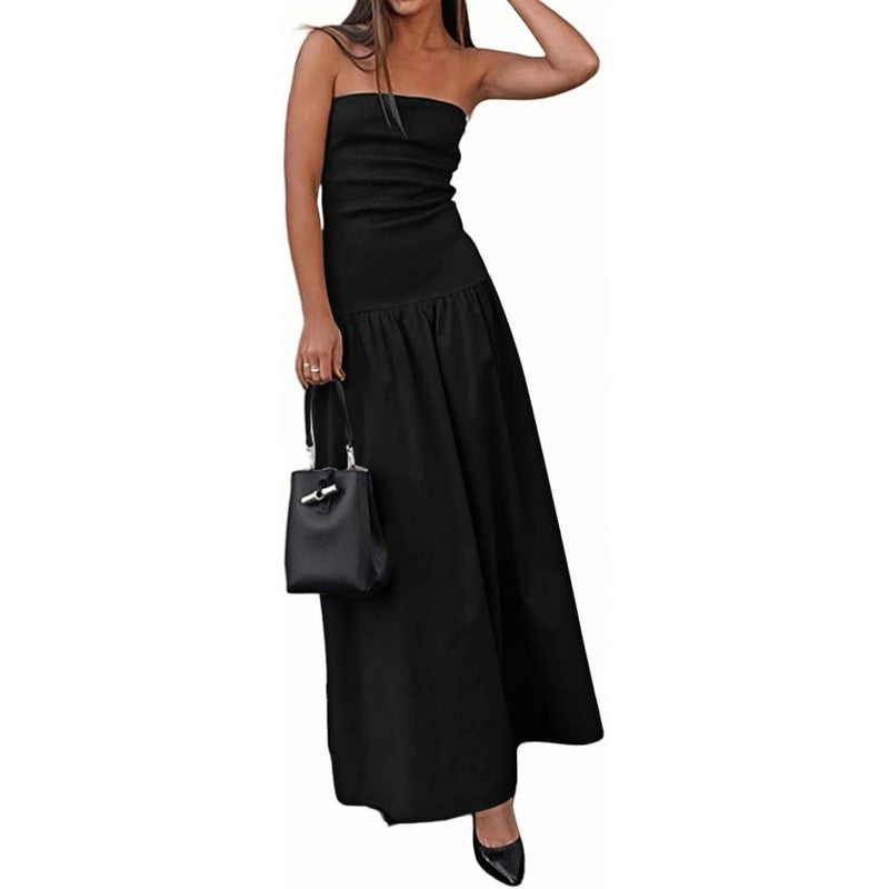 Women's Summer Strapless Sleeveless Patchwork A-Li Black - front view