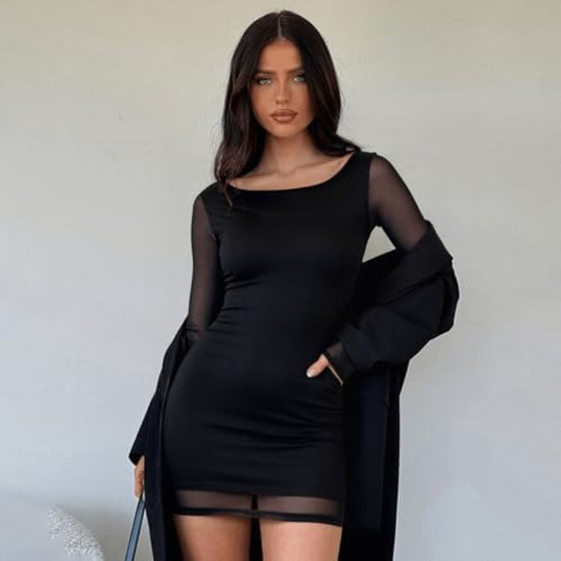 Women's Boat Neck Bodycon Casual Mesh Long Sleeve  Black - in use